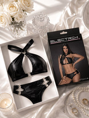CONJUNTO DE DOS  PIEZAS CON  EFECTO CUERO NEGRO